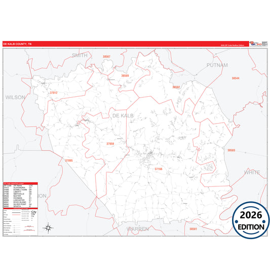 DeKalb County, TN Red Line 5 Digit ZIP Code Wall Map