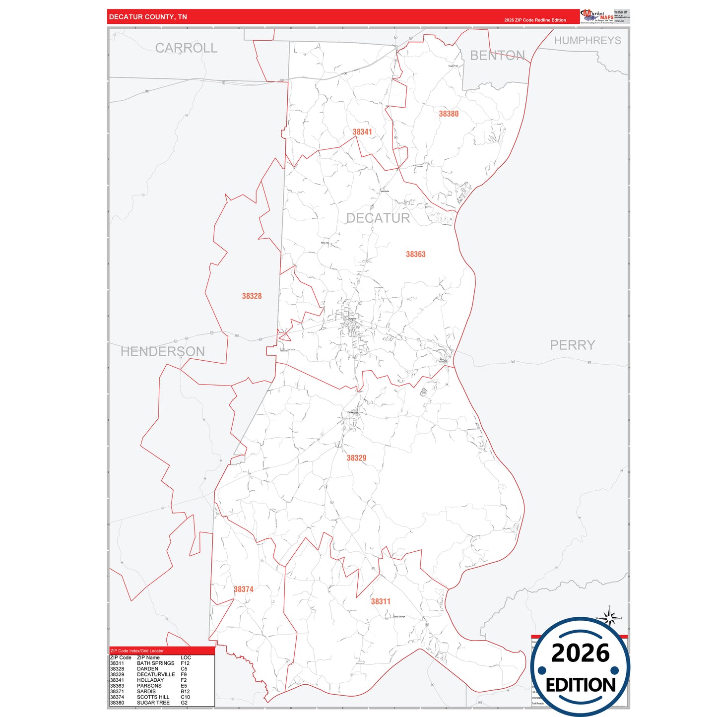 Decatur County, TN Red Line 5 Digit ZIP Code Wall Map