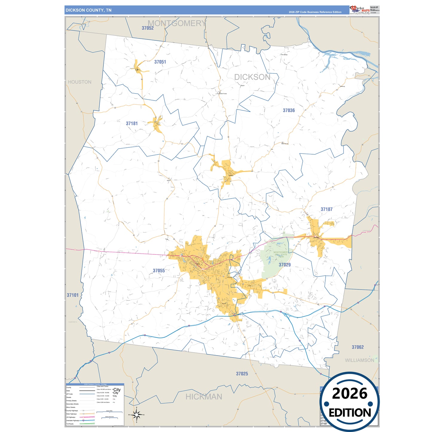 Dickson County, TN Business Reference 5 Digit ZIP Code Wall Map