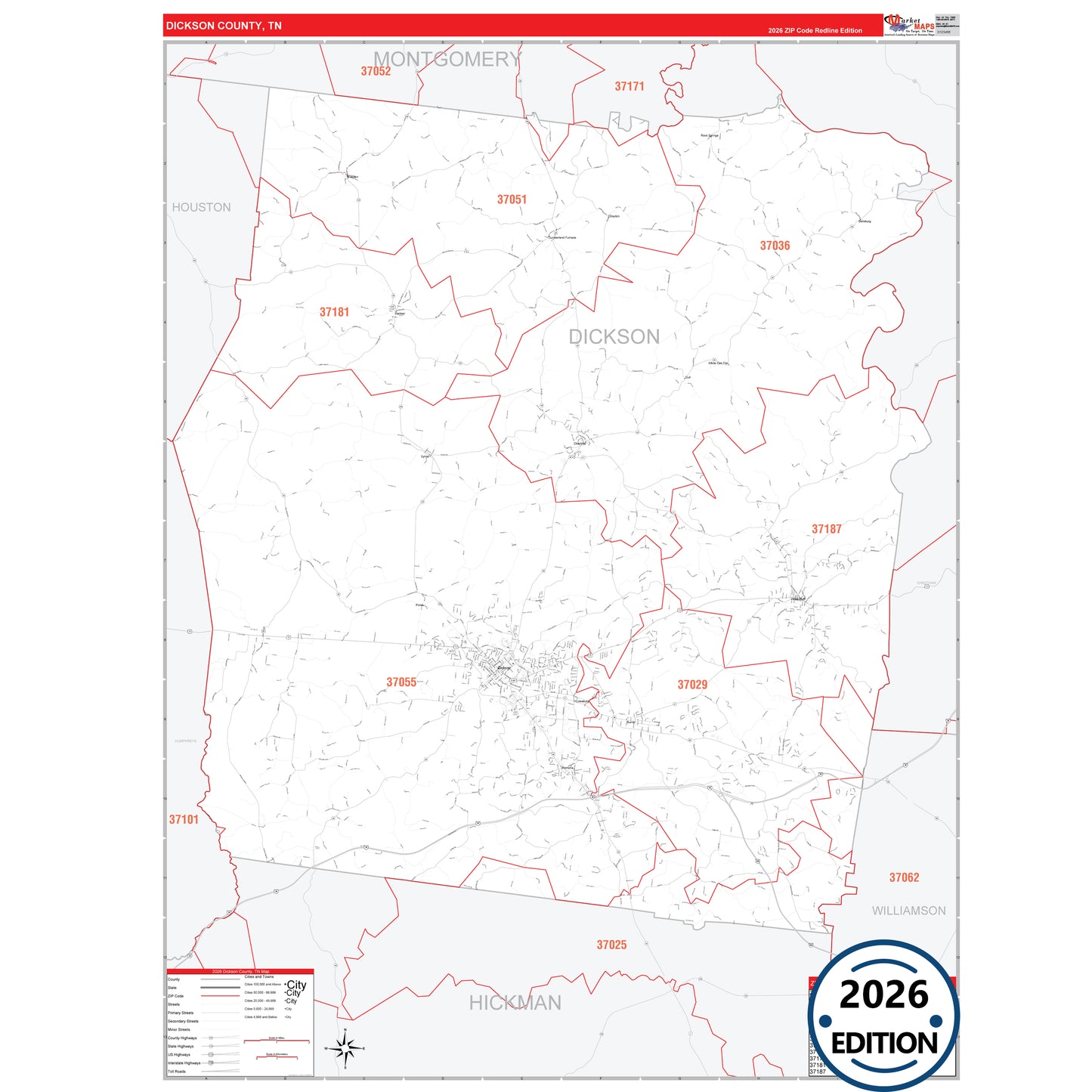 Dickson County, TN Red Line 5 Digit ZIP Code Wall Map