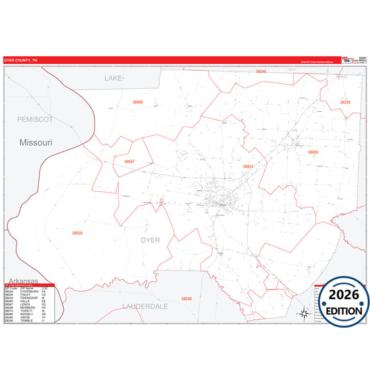 Dyer County, TN Red Line 5 Digit ZIP Code Wall Map