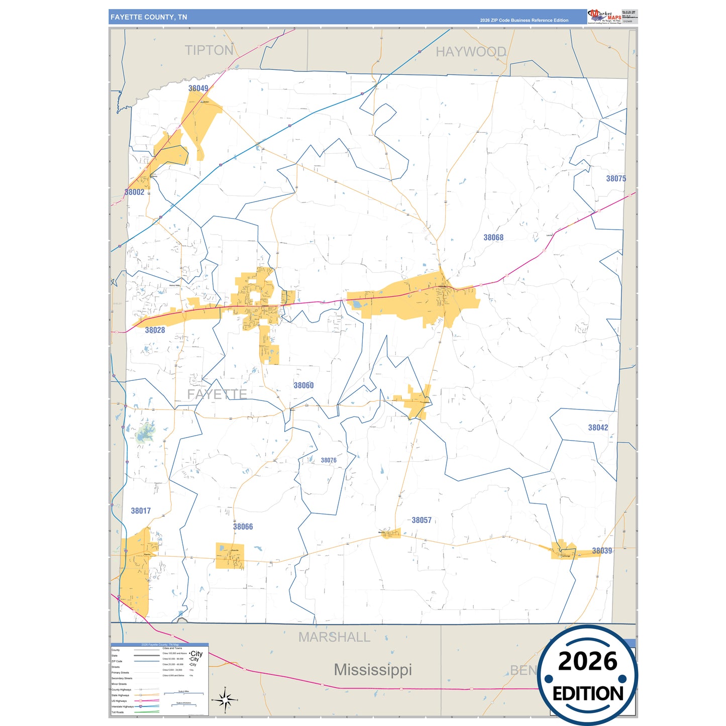 Fayette County, TN Business Reference 5 Digit ZIP Code Wall Map