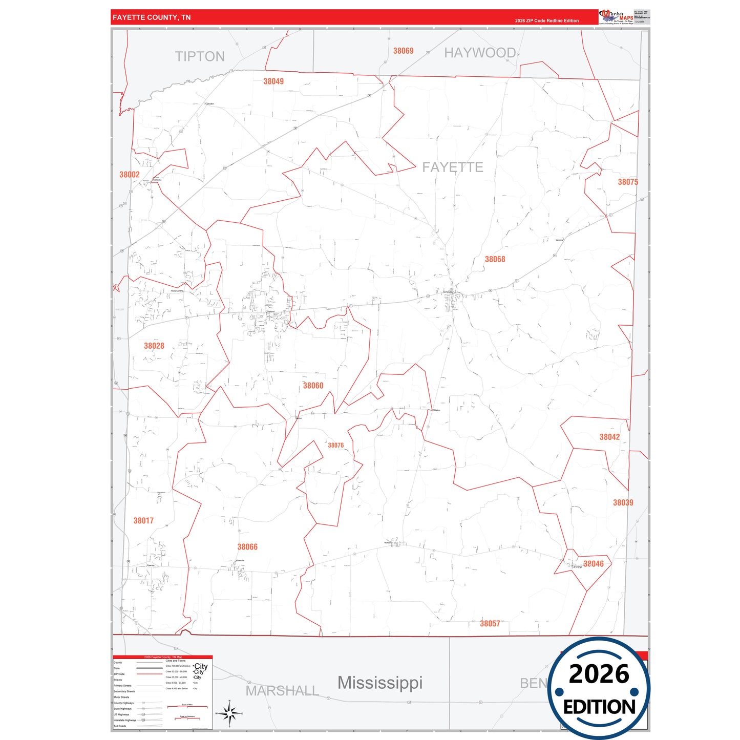 Fayette County, TN Red Line 5 Digit ZIP Code Wall Map
