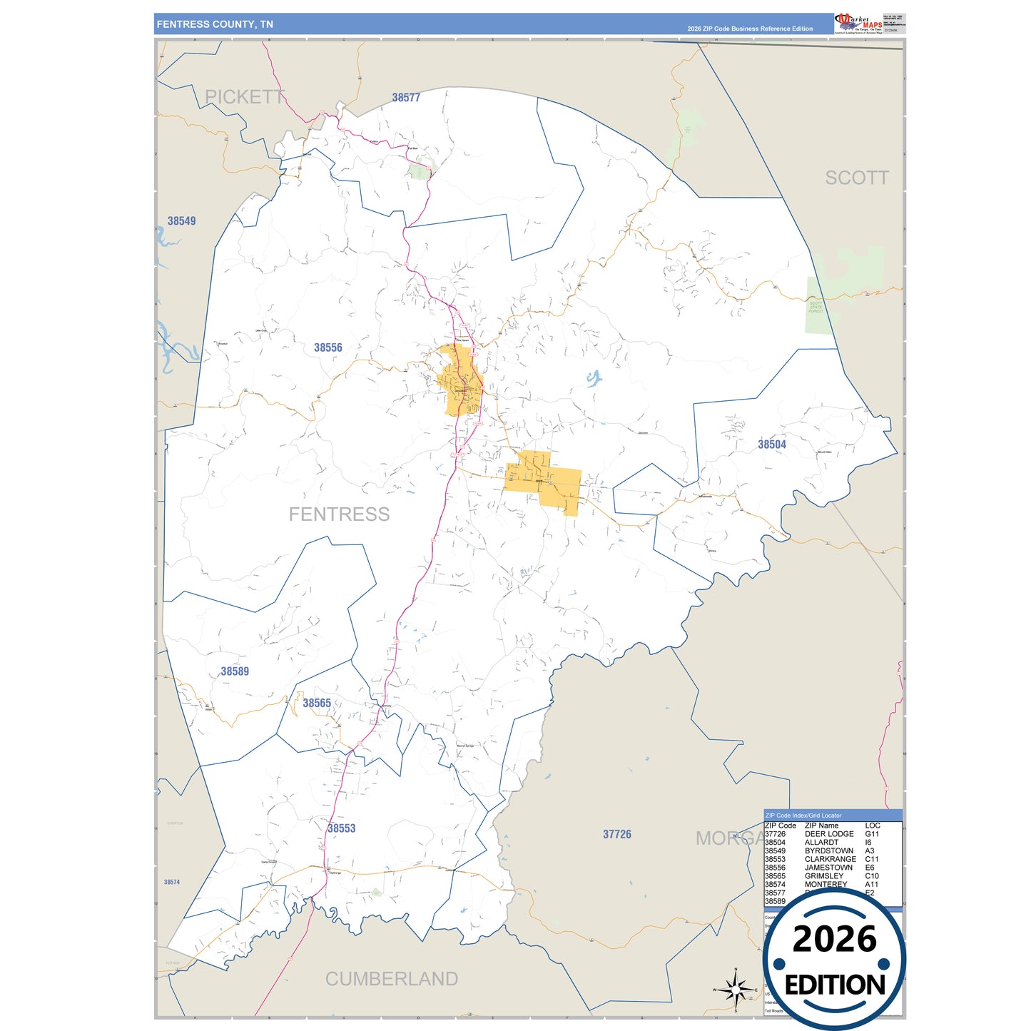 Fentress County, TN Business Reference 5 Digit ZIP Code Wall Map