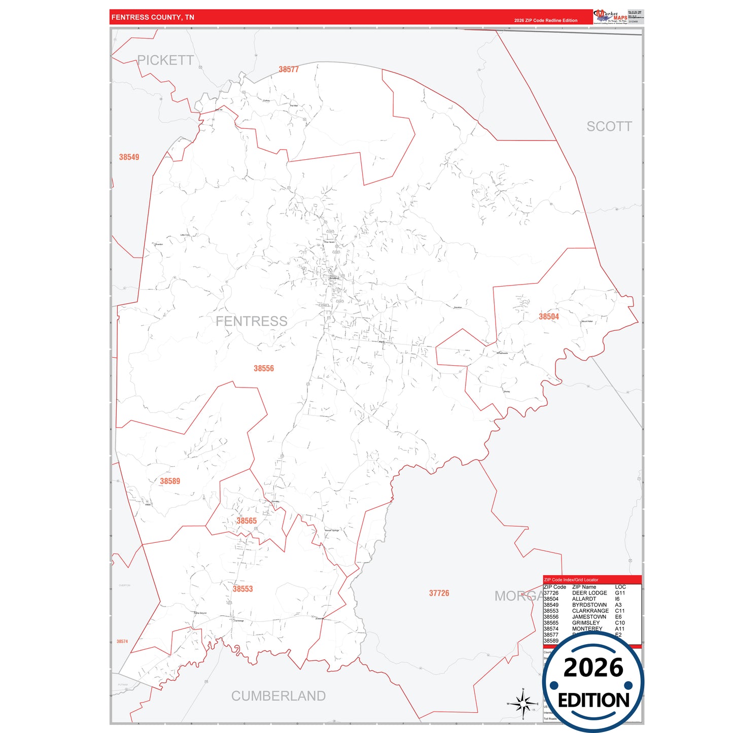 Fentress County, TN Red Line 5 Digit ZIP Code Wall Map