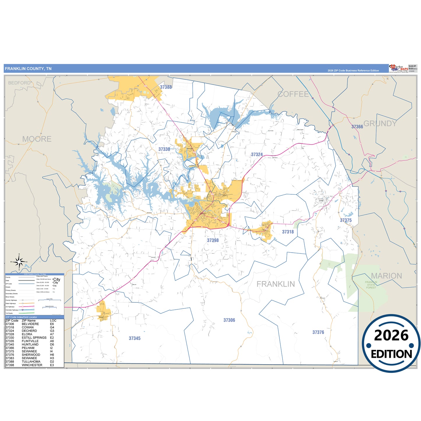 Franklin County, TN Business Reference 5 Digit ZIP Code Wall Map