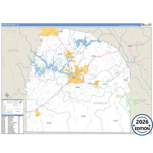 Franklin County, TN Business Reference 5 Digit ZIP Code Wall Map