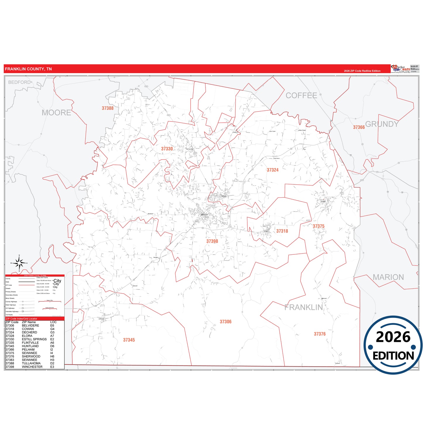 Franklin County, TN Red Line 5 Digit ZIP Code Wall Map