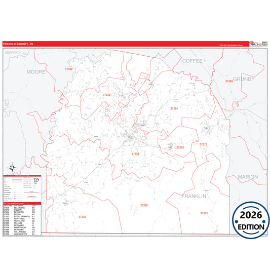 Franklin County, TN Red Line 5 Digit ZIP Code Wall Map
