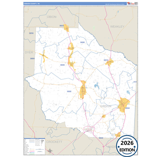 Gibson County, TN Business Reference 5 Digit ZIP Code Wall Map