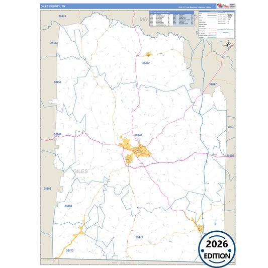 Giles County, TN Business Reference 5 Digit ZIP Code Wall Map