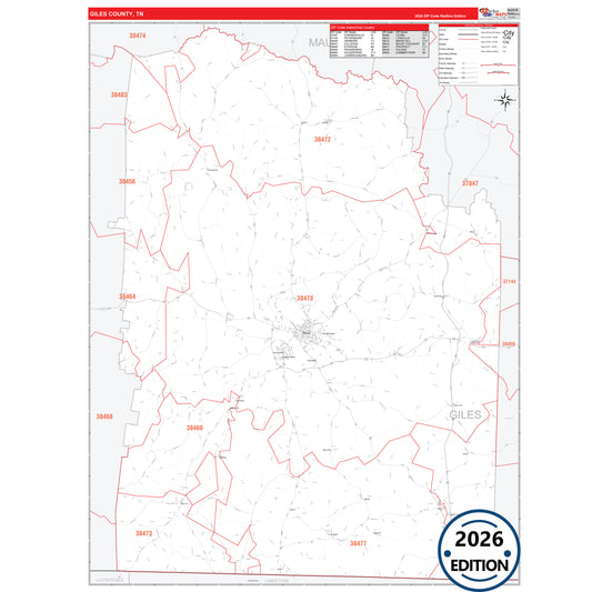 Giles County, TN Red Line 5 Digit ZIP Code Wall Map
