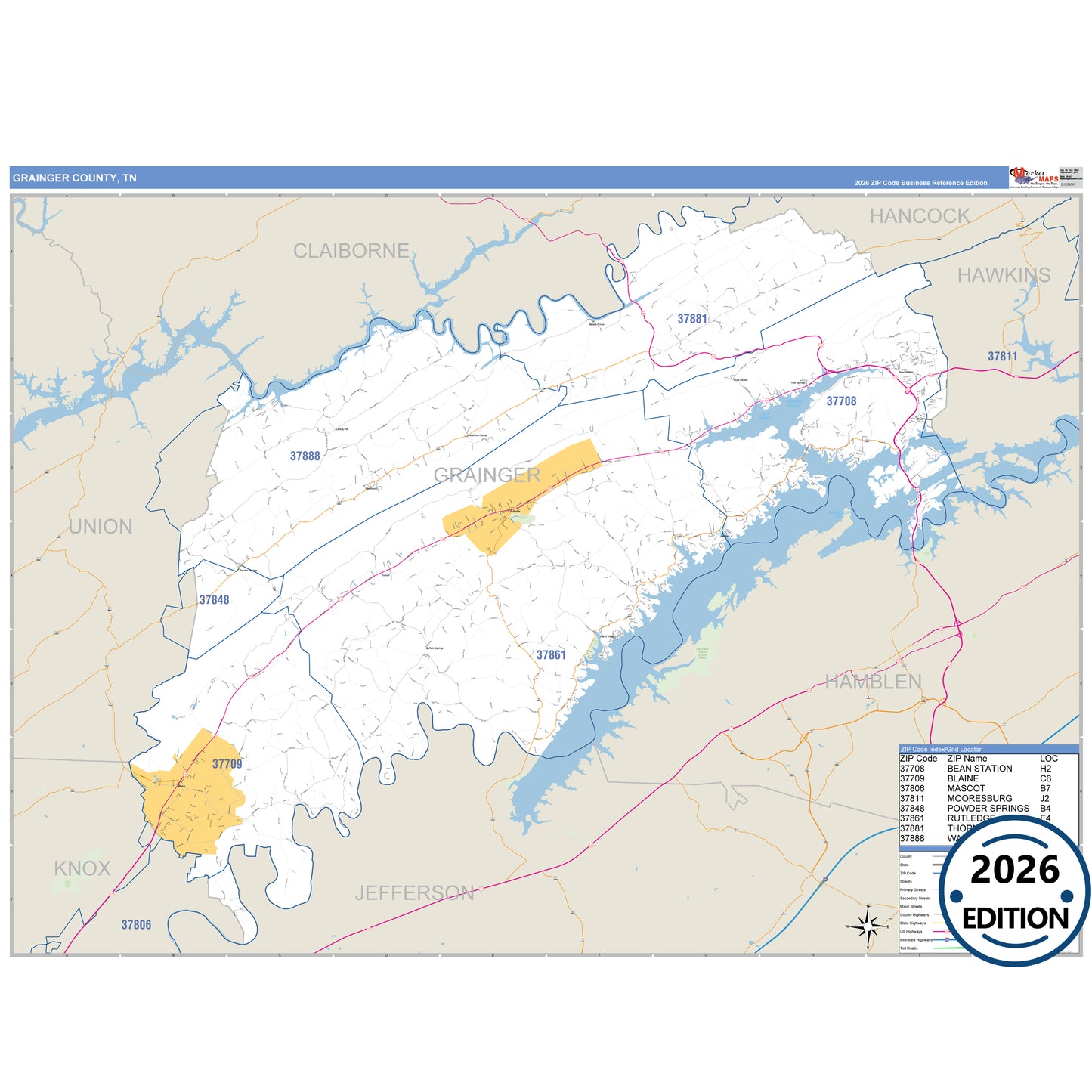 Grainger County, TN Business Reference 5 Digit ZIP Code Wall Map