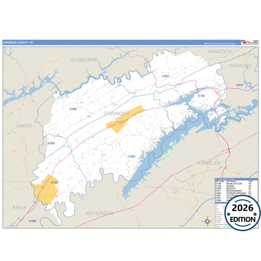 Grainger County, TN Business Reference 5 Digit ZIP Code Wall Map