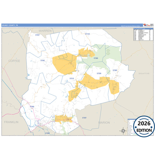 Grundy County, TN Business Reference 5 Digit ZIP Code Wall Map