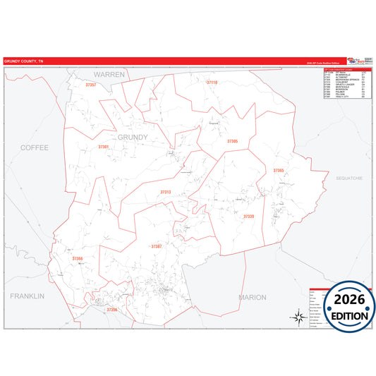 Grundy County, TN Red Line 5 Digit ZIP Code Wall Map