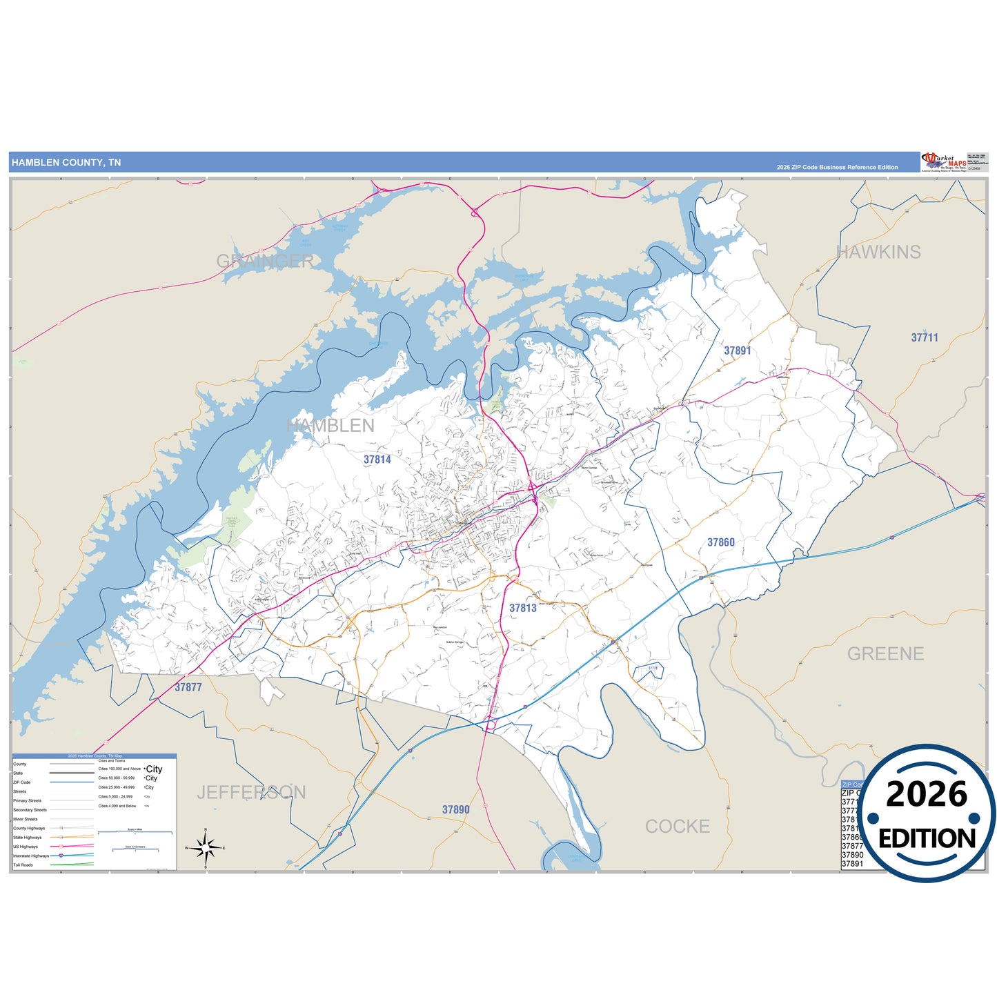 Hamblen County, TN Business Reference 5 Digit ZIP Code Wall Map