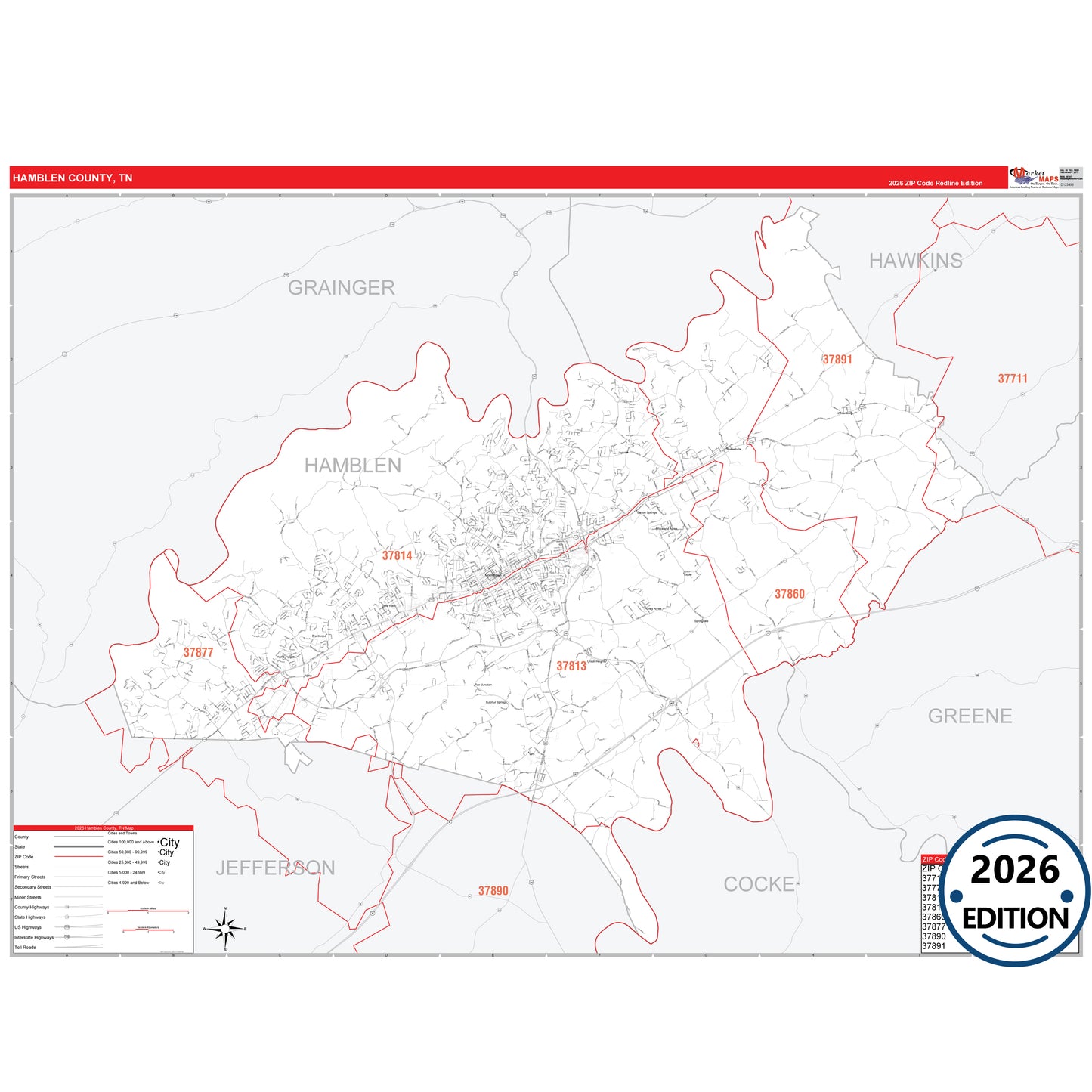 Hamblen County, TN Red Line 5 Digit ZIP Code Wall Map