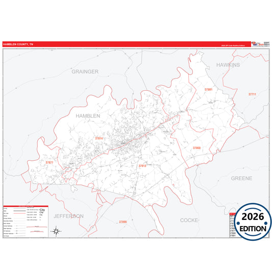 Hamblen County, TN Red Line 5 Digit ZIP Code Wall Map