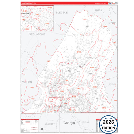 Hamilton County, TN Red Line 5 Digit ZIP Code Wall Map