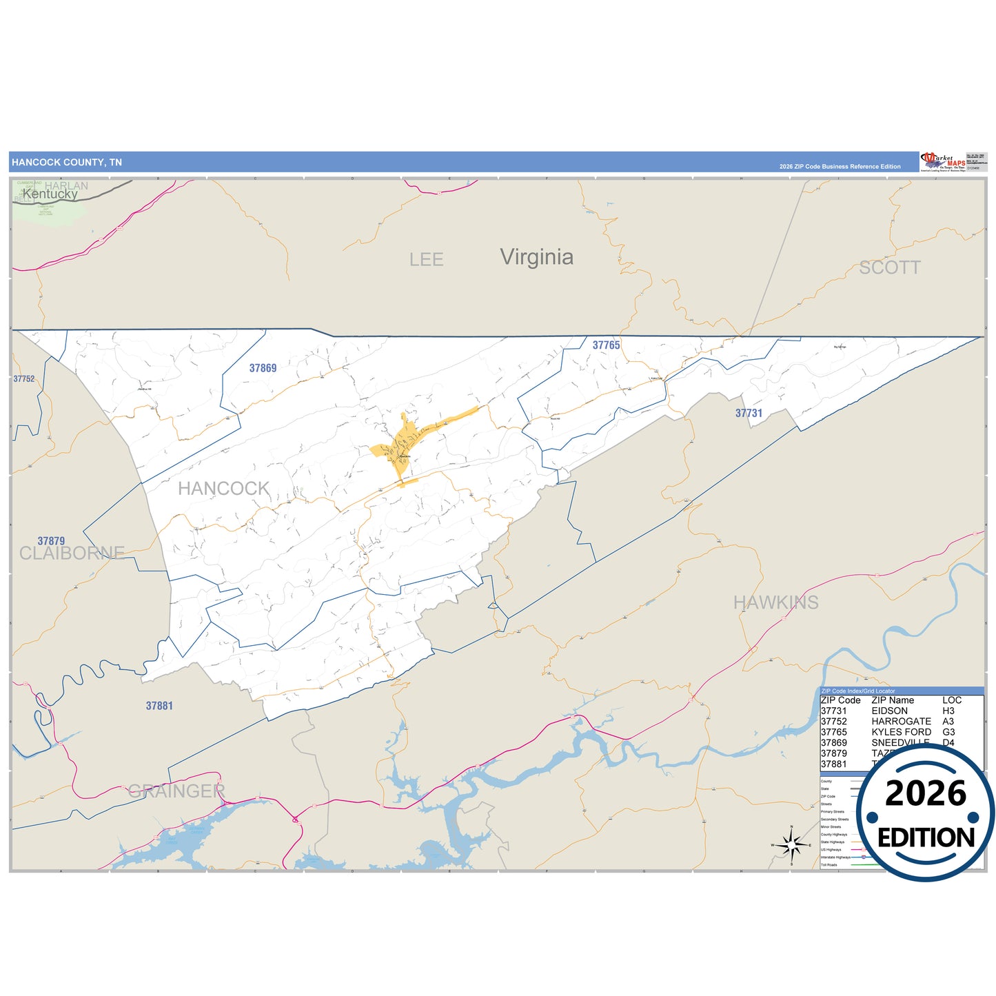 Hancock County, TN Business Reference 5 Digit ZIP Code Wall Map
