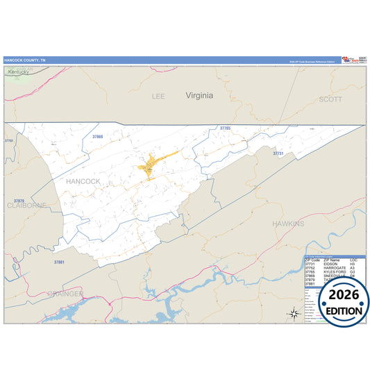 Hancock County, TN Business Reference 5 Digit ZIP Code Wall Map