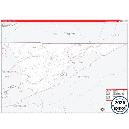 Hancock County, TN Red Line 5 Digit ZIP Code Wall Map