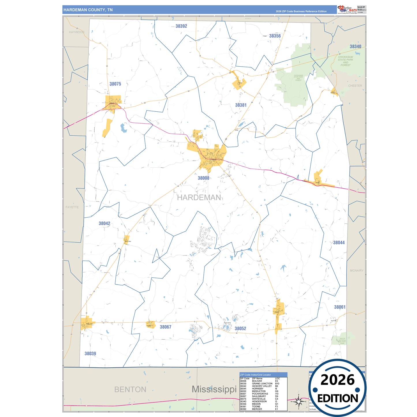Hardeman County, TN Business Reference 5 Digit ZIP Code Wall Map