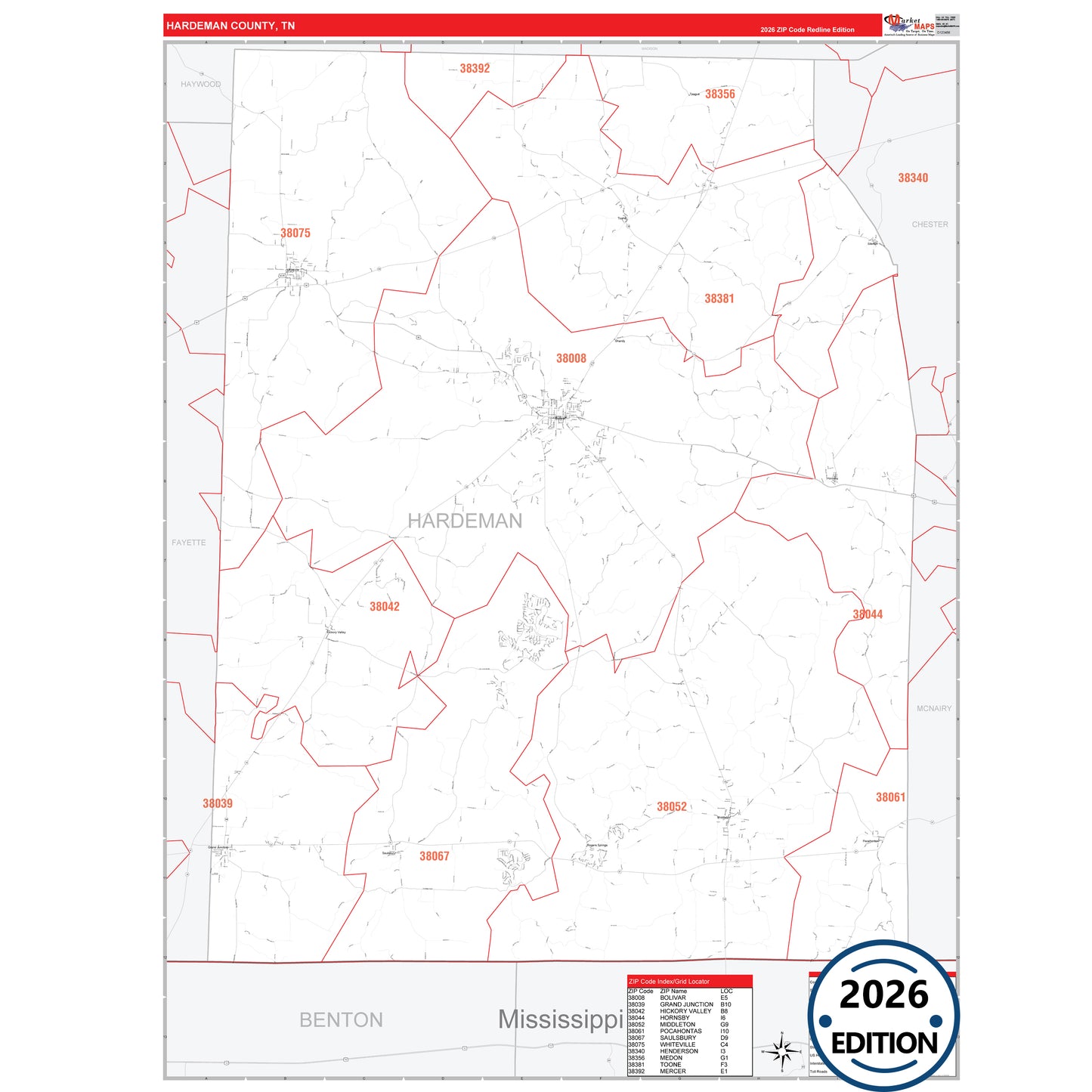 Hardeman County, TN Red Line 5 Digit ZIP Code Wall Map