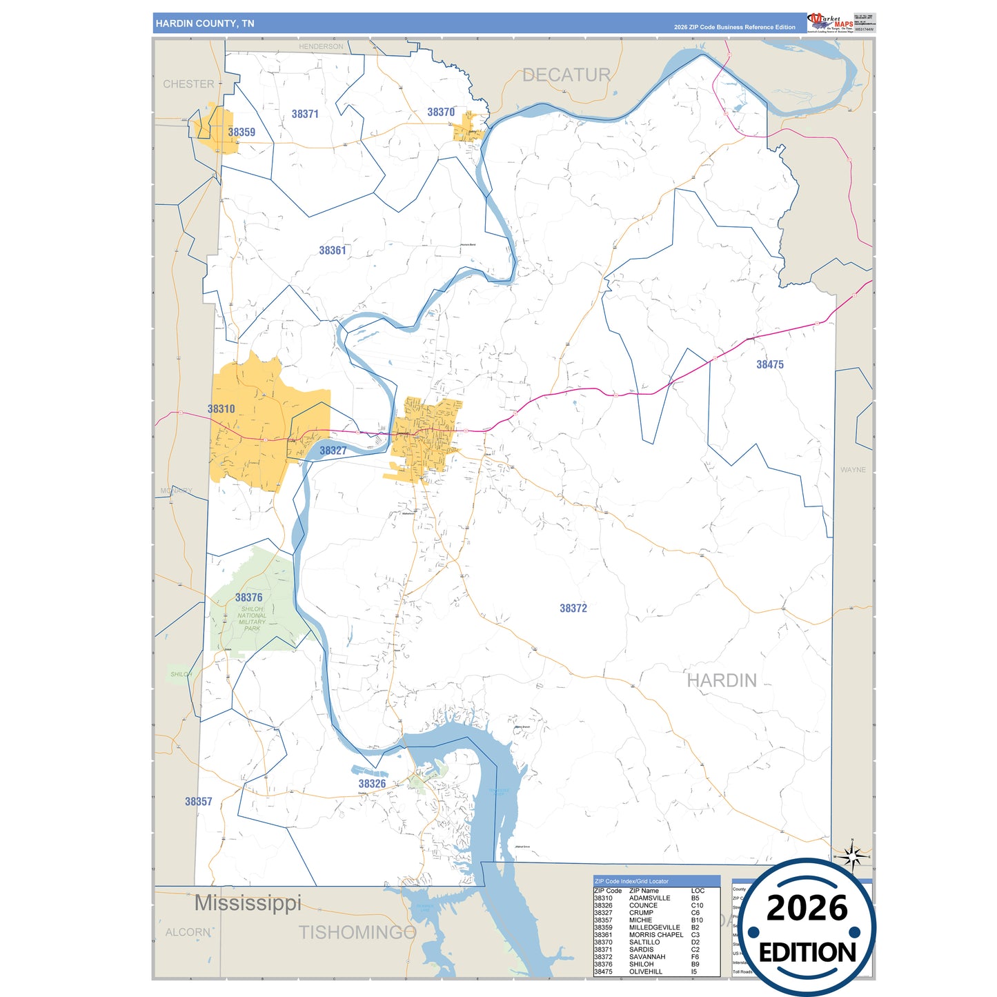 Hardin County, TN Business Reference 5 Digit ZIP Code Wall Map