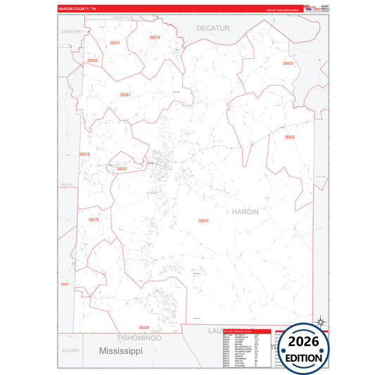 Hardin County, TN Red Line 5 Digit ZIP Code Wall Map