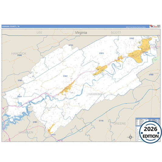 Hawkins County, TN Business Reference 5 Digit ZIP Code Wall Map