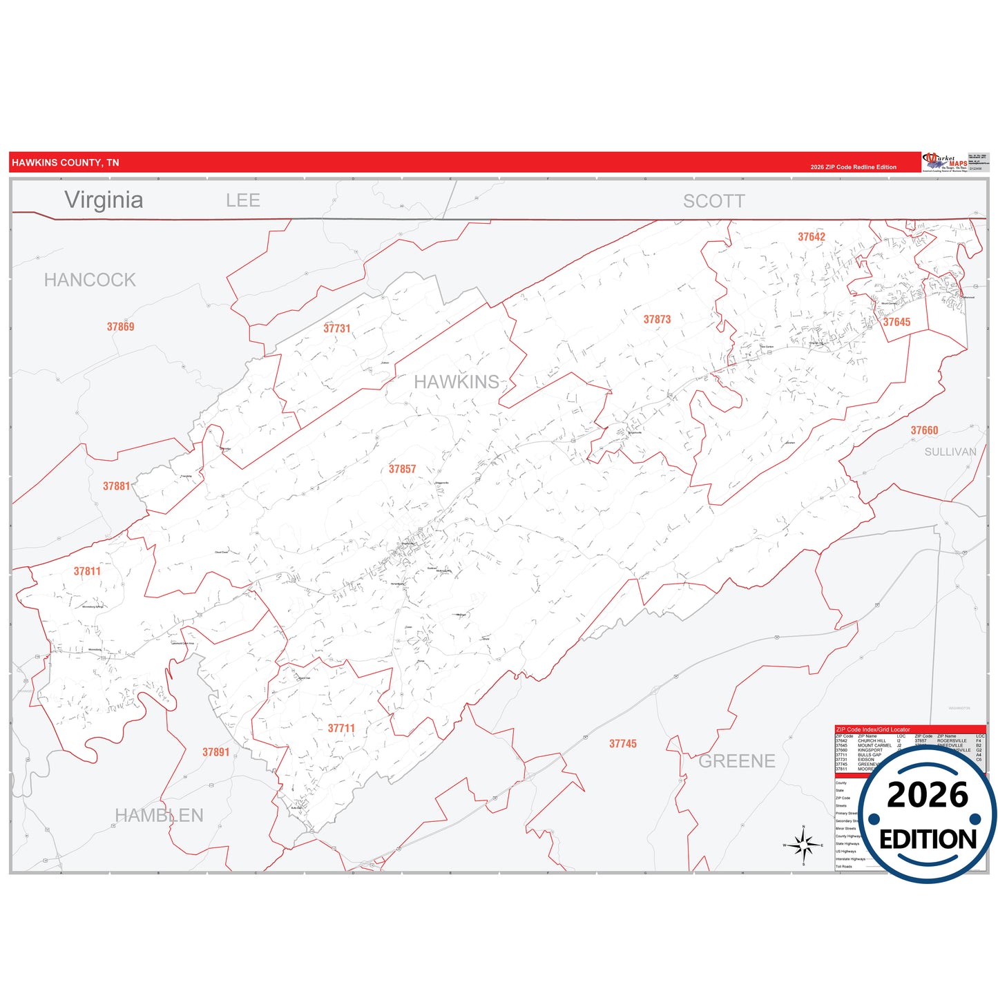 Hawkins County, TN Red Line 5 Digit ZIP Code Wall Map