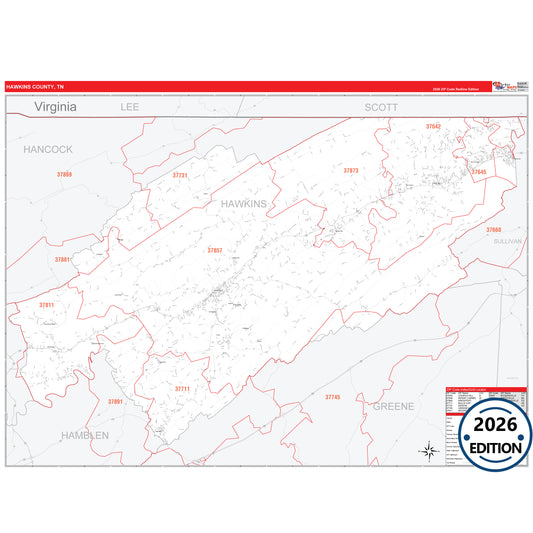 Hawkins County, TN Red Line 5 Digit ZIP Code Wall Map