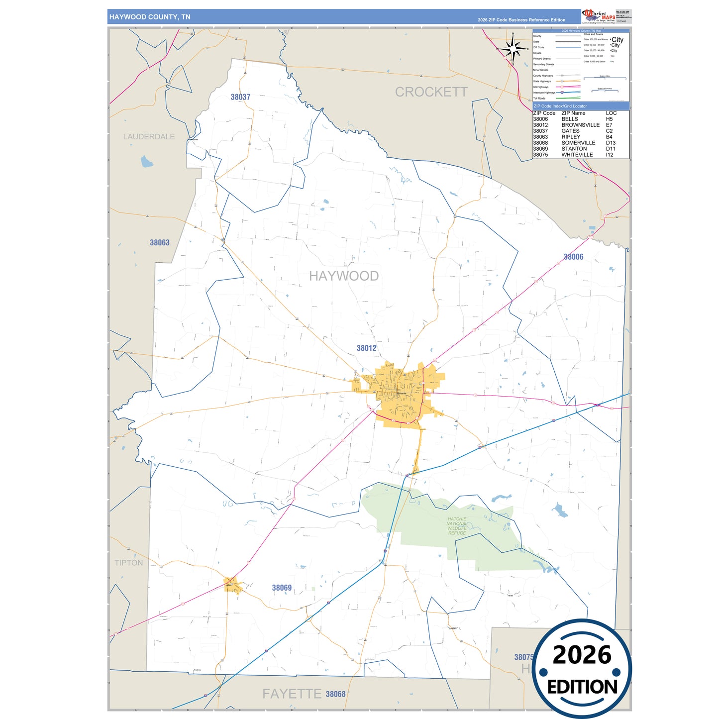 Haywood County, TN Business Reference 5 Digit ZIP Code Wall Map