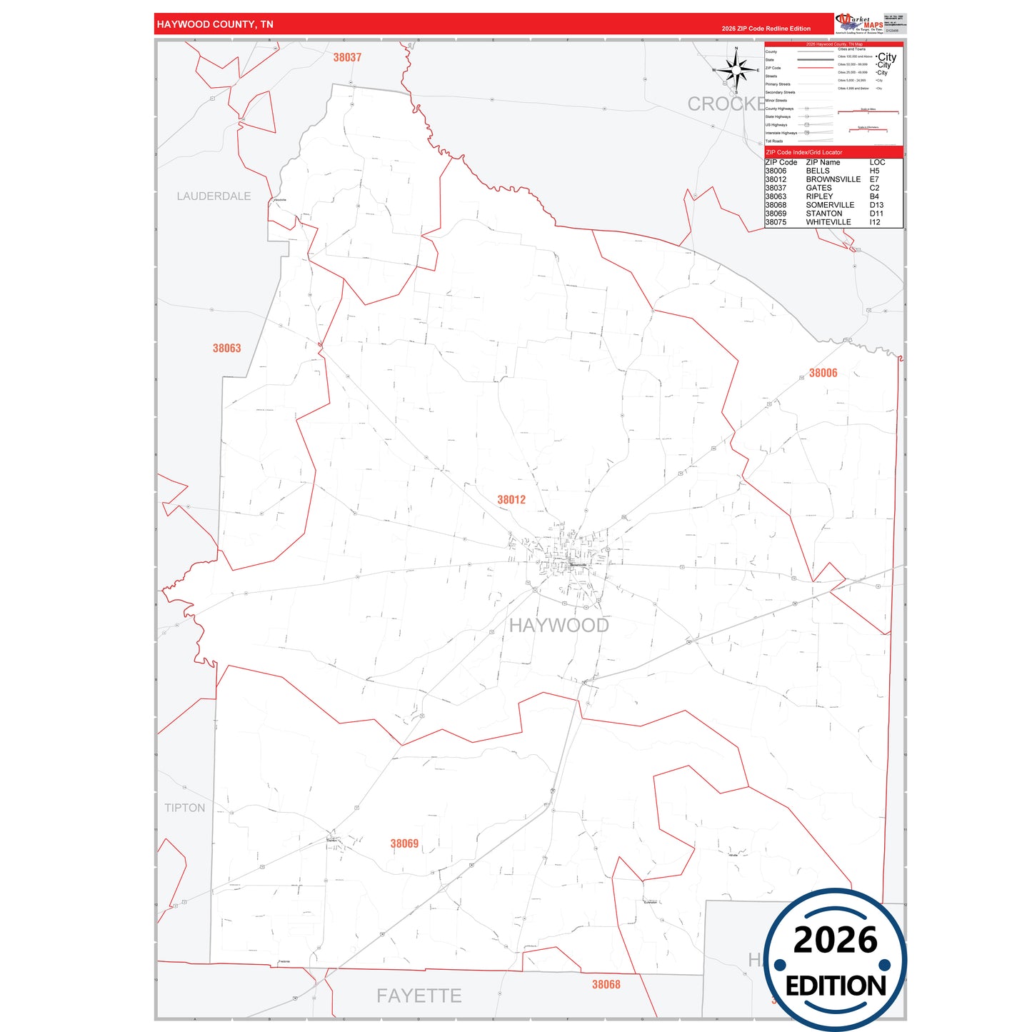 Haywood County, TN Red Line 5 Digit ZIP Code Wall Map
