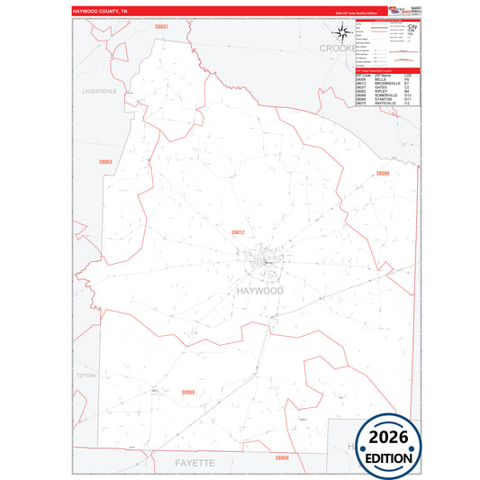 Haywood County, TN Red Line 5 Digit ZIP Code Wall Map