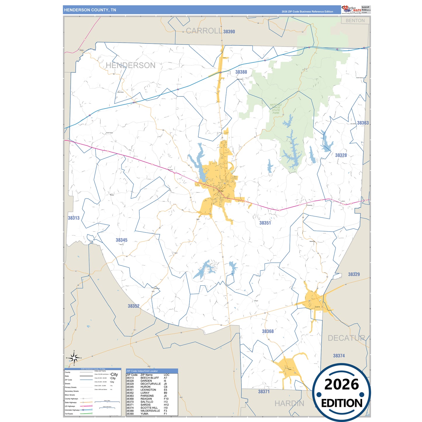 Henderson County, TN Business Reference 5 Digit ZIP Code Wall Map