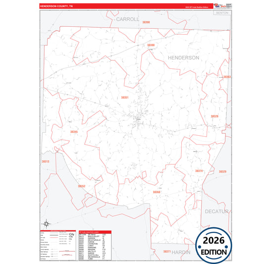 Henderson County, TN Red Line 5 Digit ZIP Code Wall Map