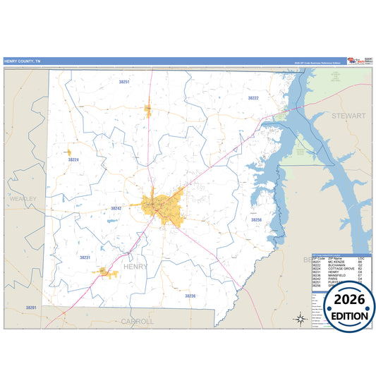 Henry County, TN Business Reference 5 Digit ZIP Code Wall Map