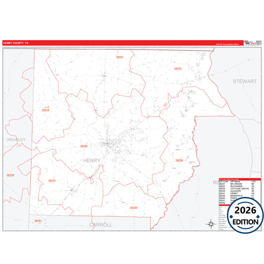 Henry County, TN Red Line 5 Digit ZIP Code Wall Map