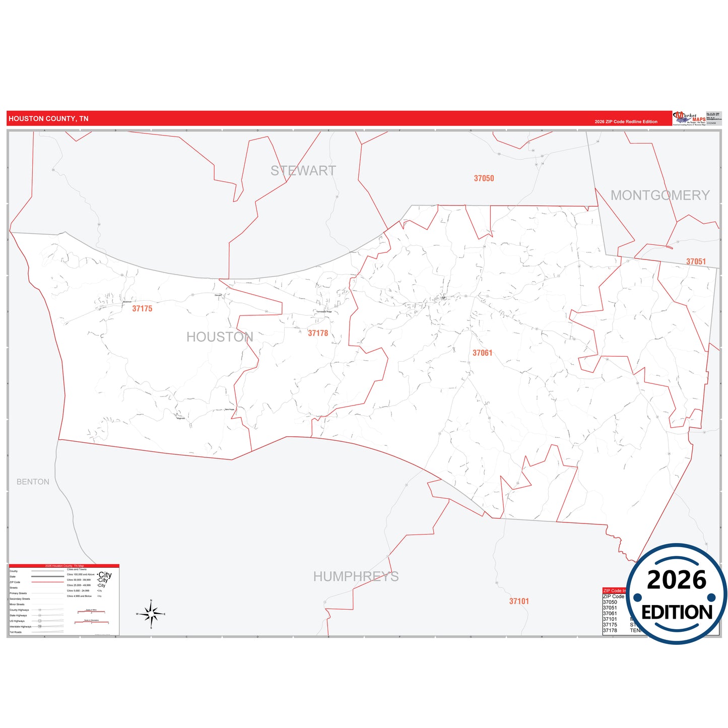 Houston County, TN Red Line 5 Digit ZIP Code Wall Map
