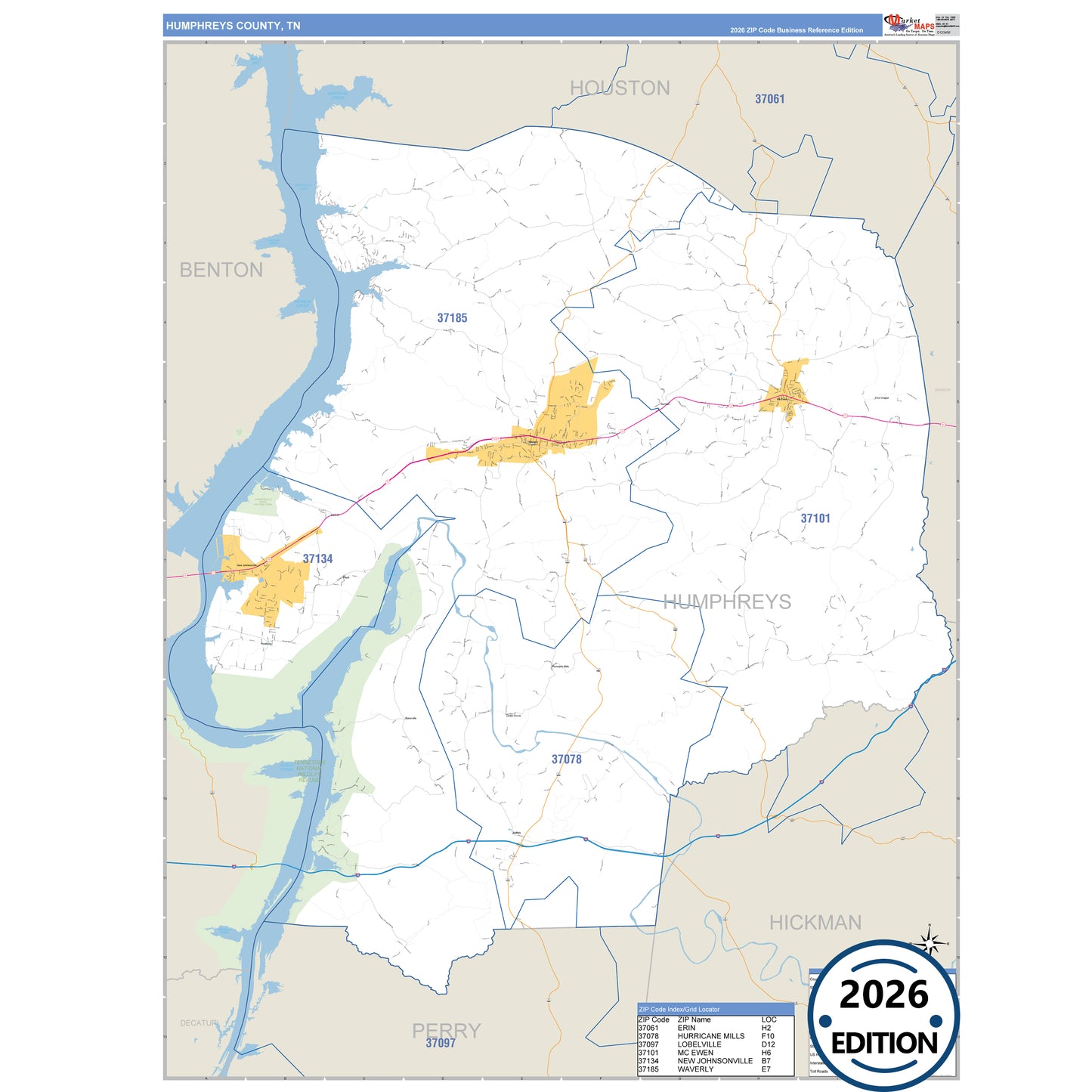 Humphreys County, TN Business Reference 5 Digit ZIP Code Wall Map