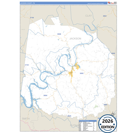 Jackson County, TN Business Reference 5 Digit ZIP Code Wall Map