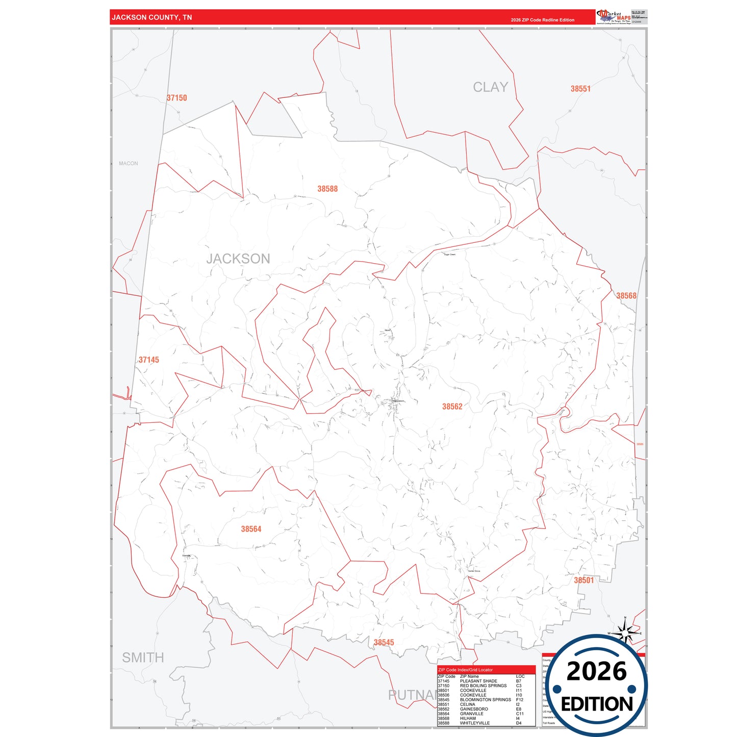 Jackson County, TN Red Line 5 Digit ZIP Code Wall Map
