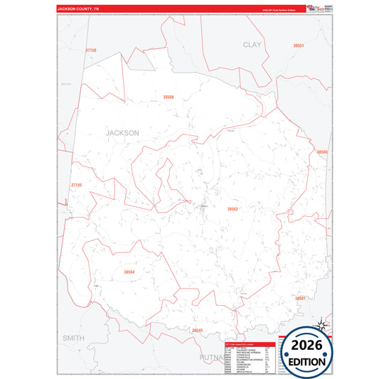Jackson County, TN Red Line 5 Digit ZIP Code Wall Map
