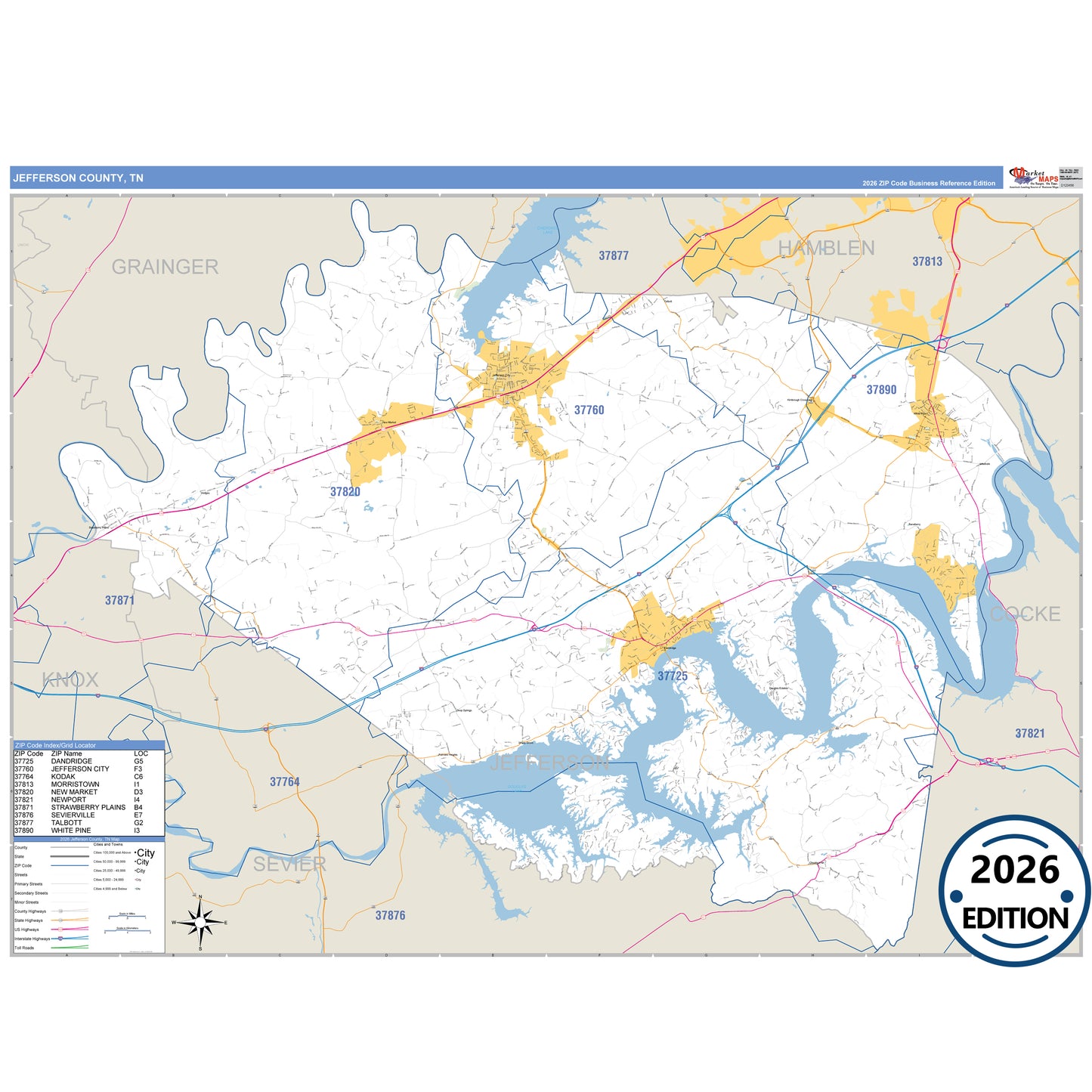 Jefferson County, TN Business Reference 5 Digit ZIP Code Wall Map