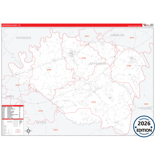 Jefferson County, TN Red Line 5 Digit ZIP Code Wall Map