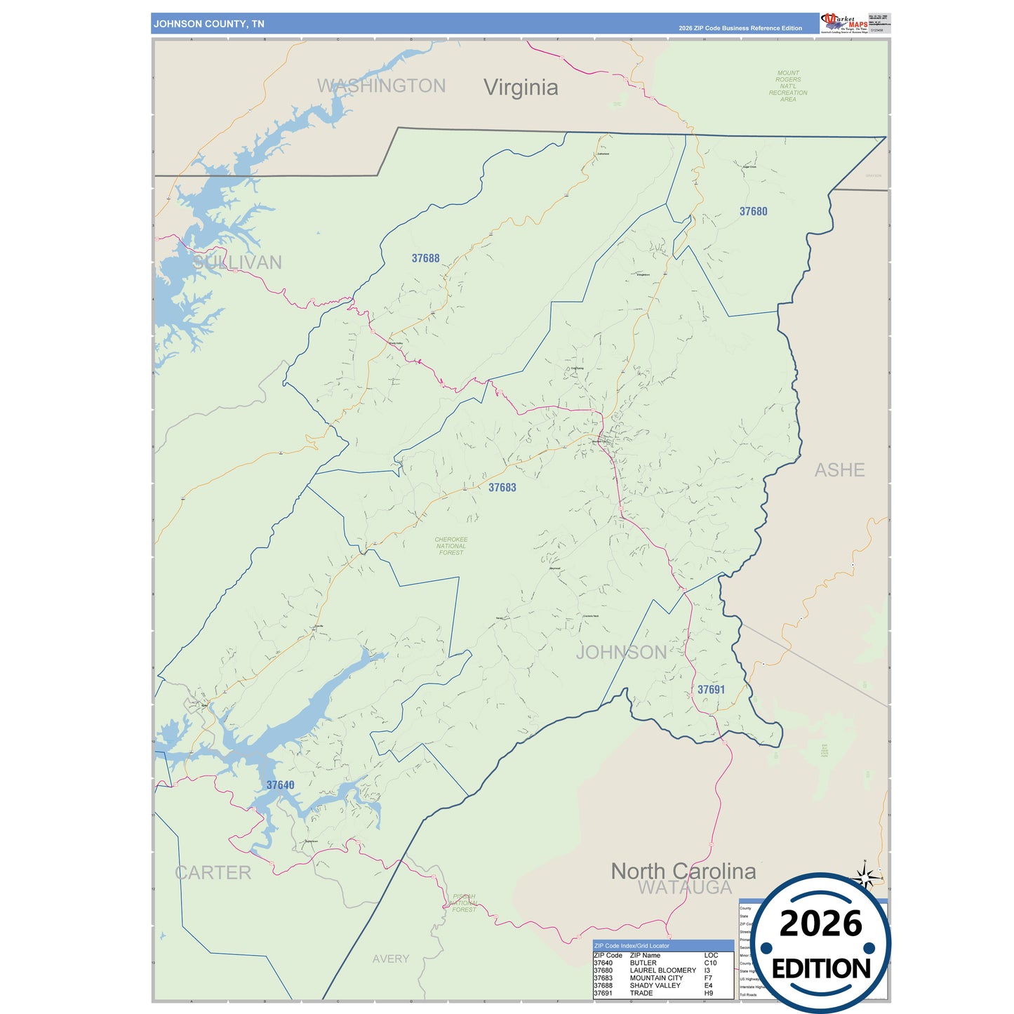 Johnson County, TN Business Reference 5 Digit ZIP Code Wall Map