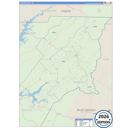 Johnson County, TN Business Reference 5 Digit ZIP Code Wall Map